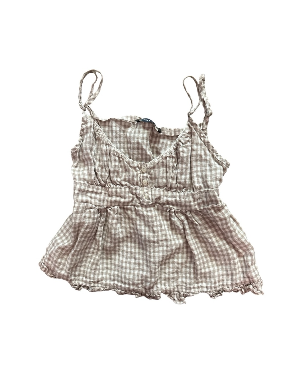 Gingham Plaid Ruffle Adjustable Straps Tank Top Light Taupe 100% Linen XS Womens